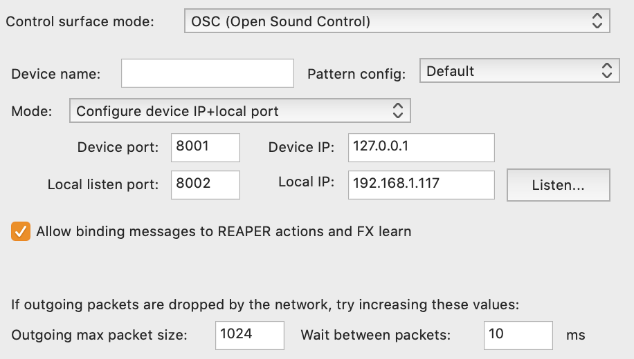 Reaper Preferences OSC settings for Bitfocus Companion